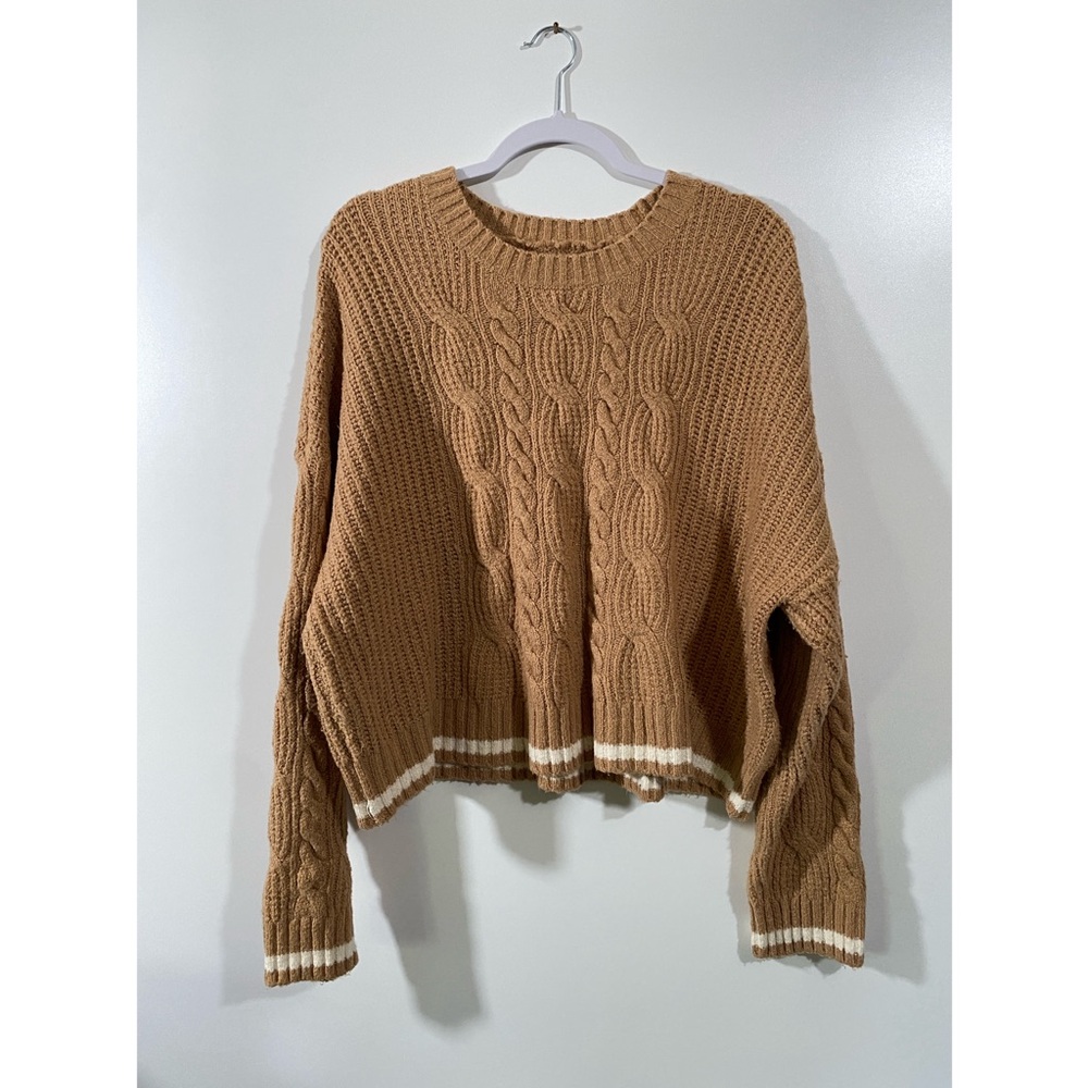 AE Heritage Cozy Sweater in Tan with White Stripes Crop Length Size Large